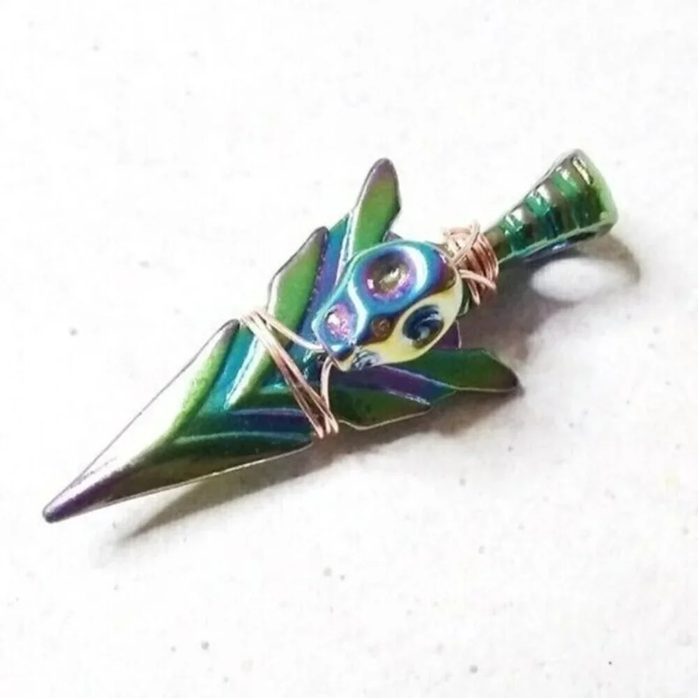 Electroplated Arrowhead + Skull Pendant - Peacock Colors - Spunky Energetic Vibe
